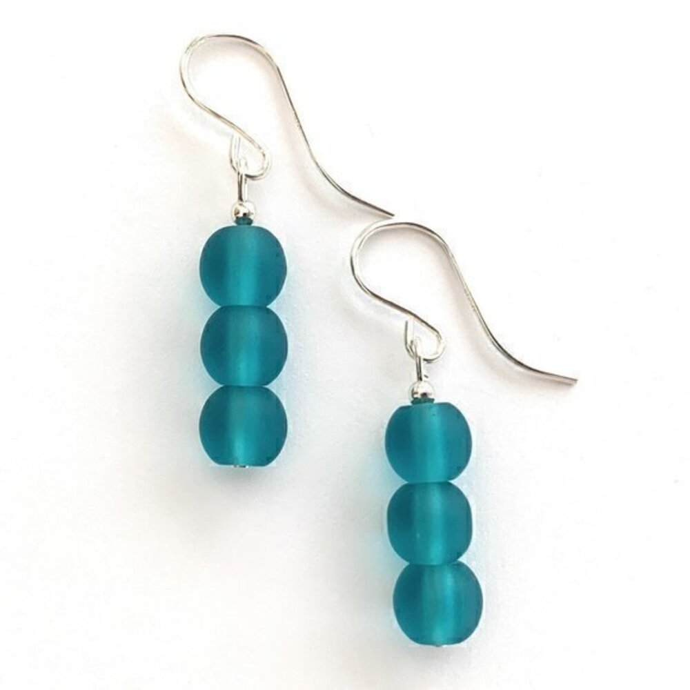 Blue Sea Glass Earrings Sterling Silver Hypoallergenic Wires Womens Handmade USA